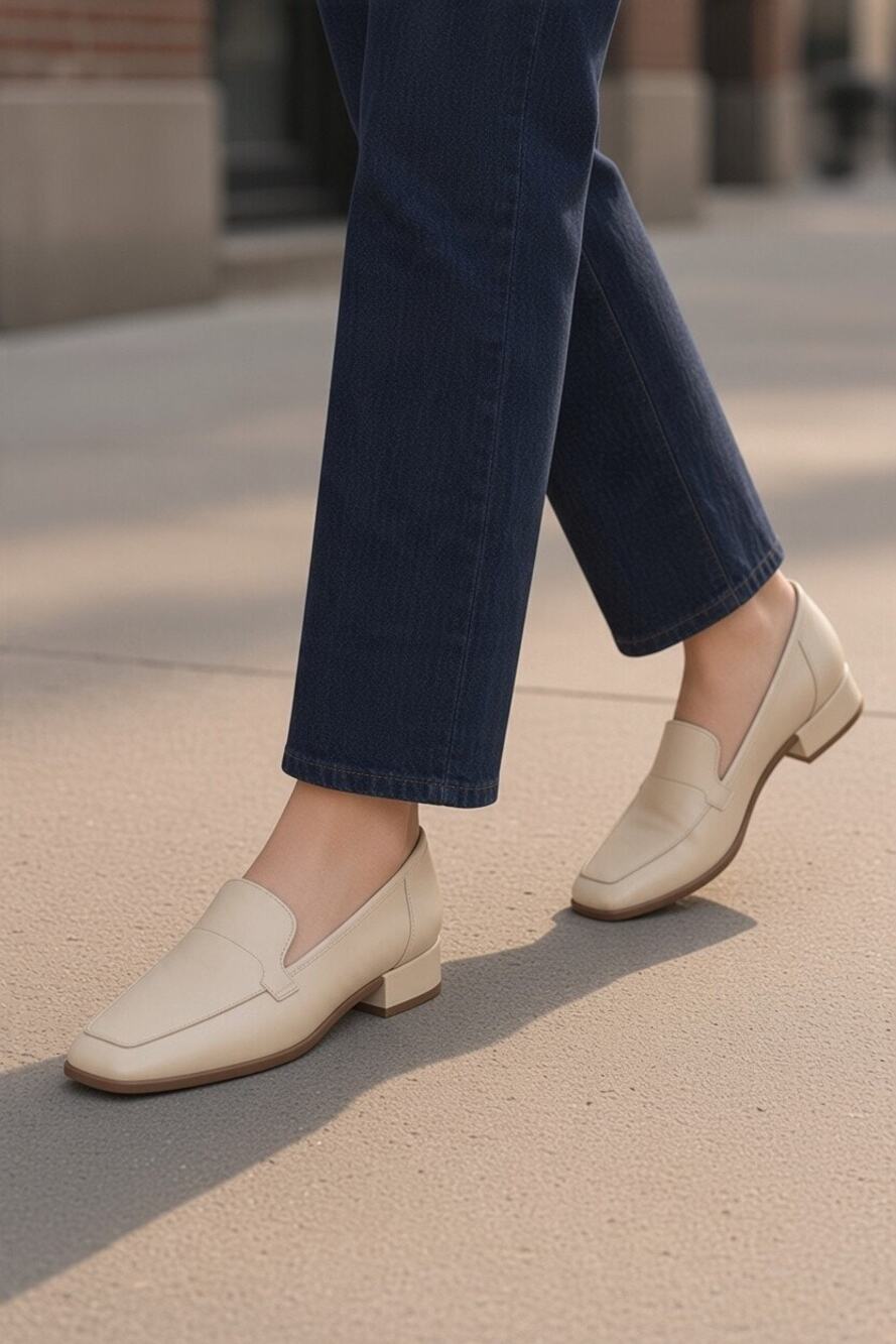 Vintage Square Toe Block Heel Loafer Light Tan Leather Comfort Heels Size 8 N
